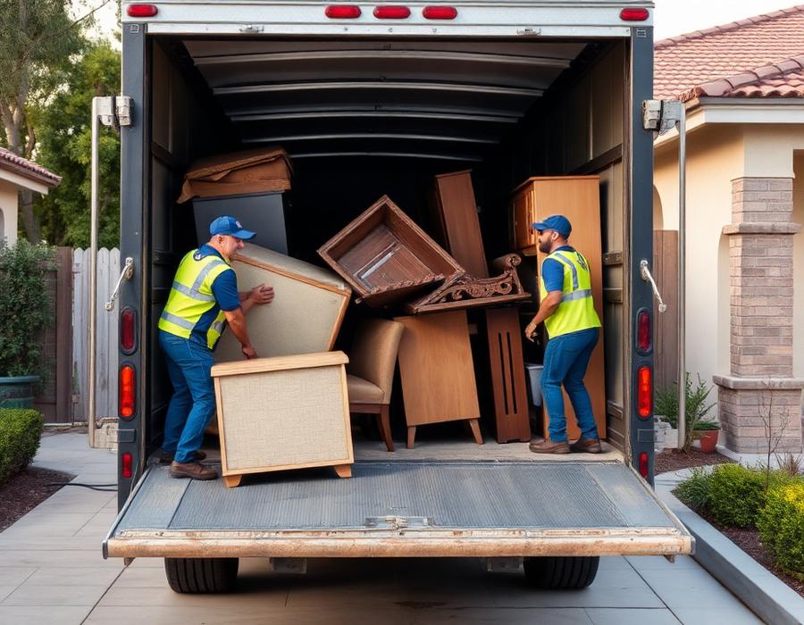 Old couch and furniture being hauled away from a home