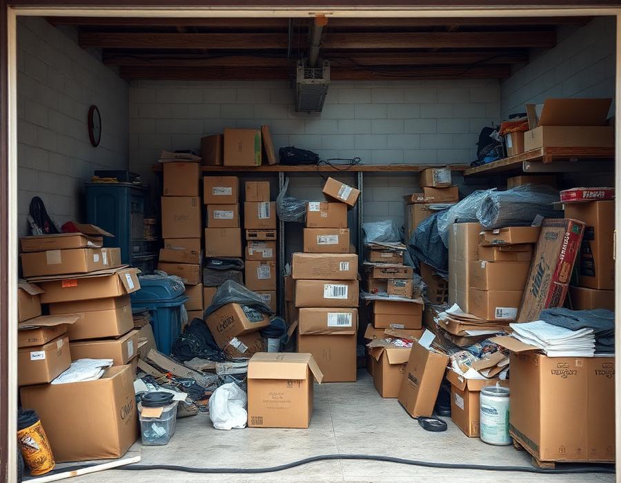 Cluttered garage being cleared and organized